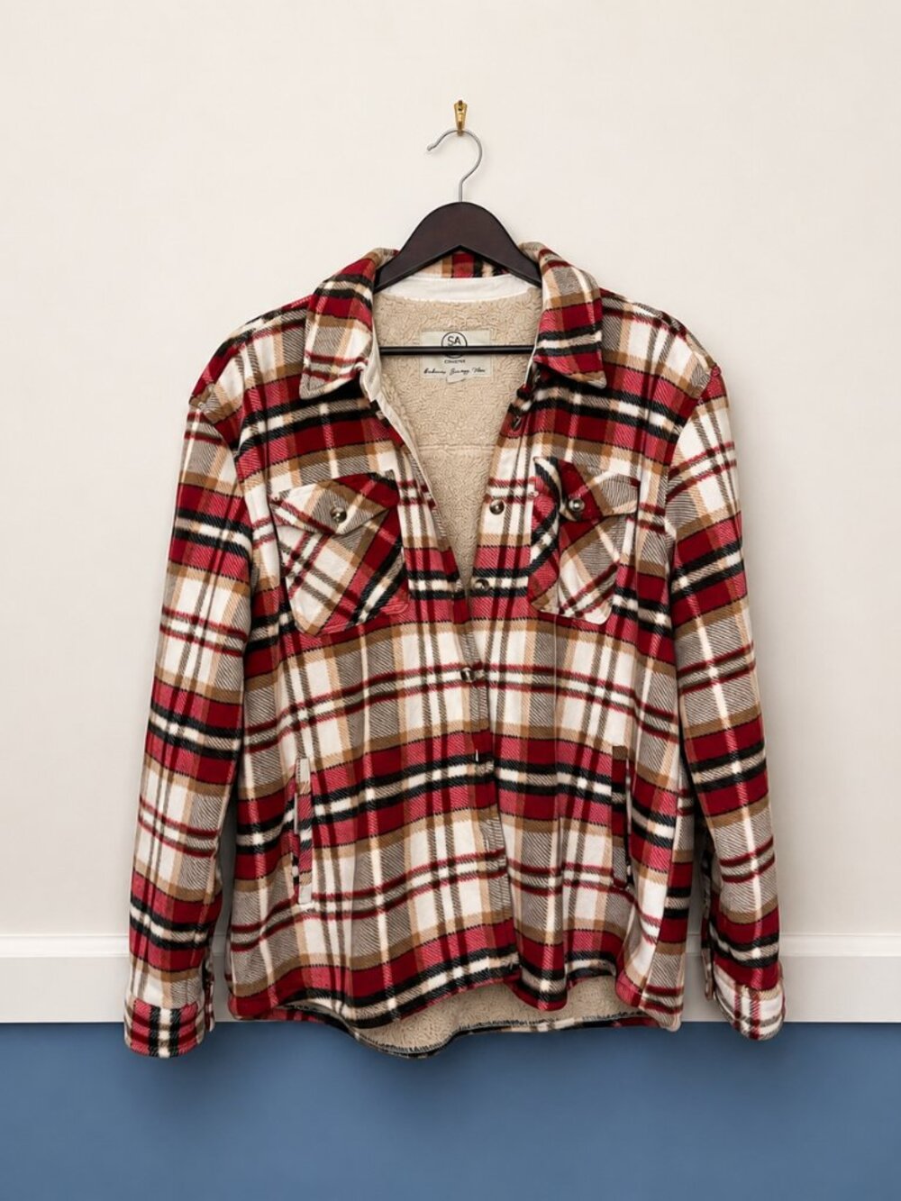Sadie & Sage Plaid Sherpa Lined Shacket Women's XL Red Cream Buffalo Check